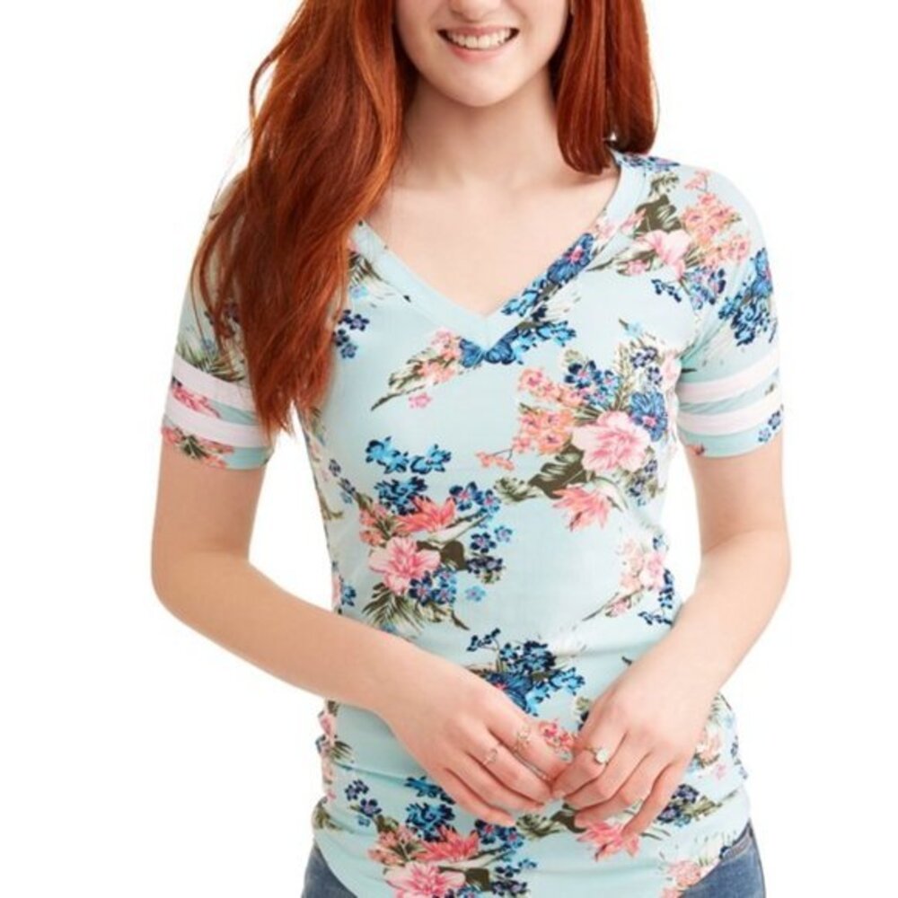 No Boundaries Floral Printed Varsity Stripe Yummy Knit T-Shirt.